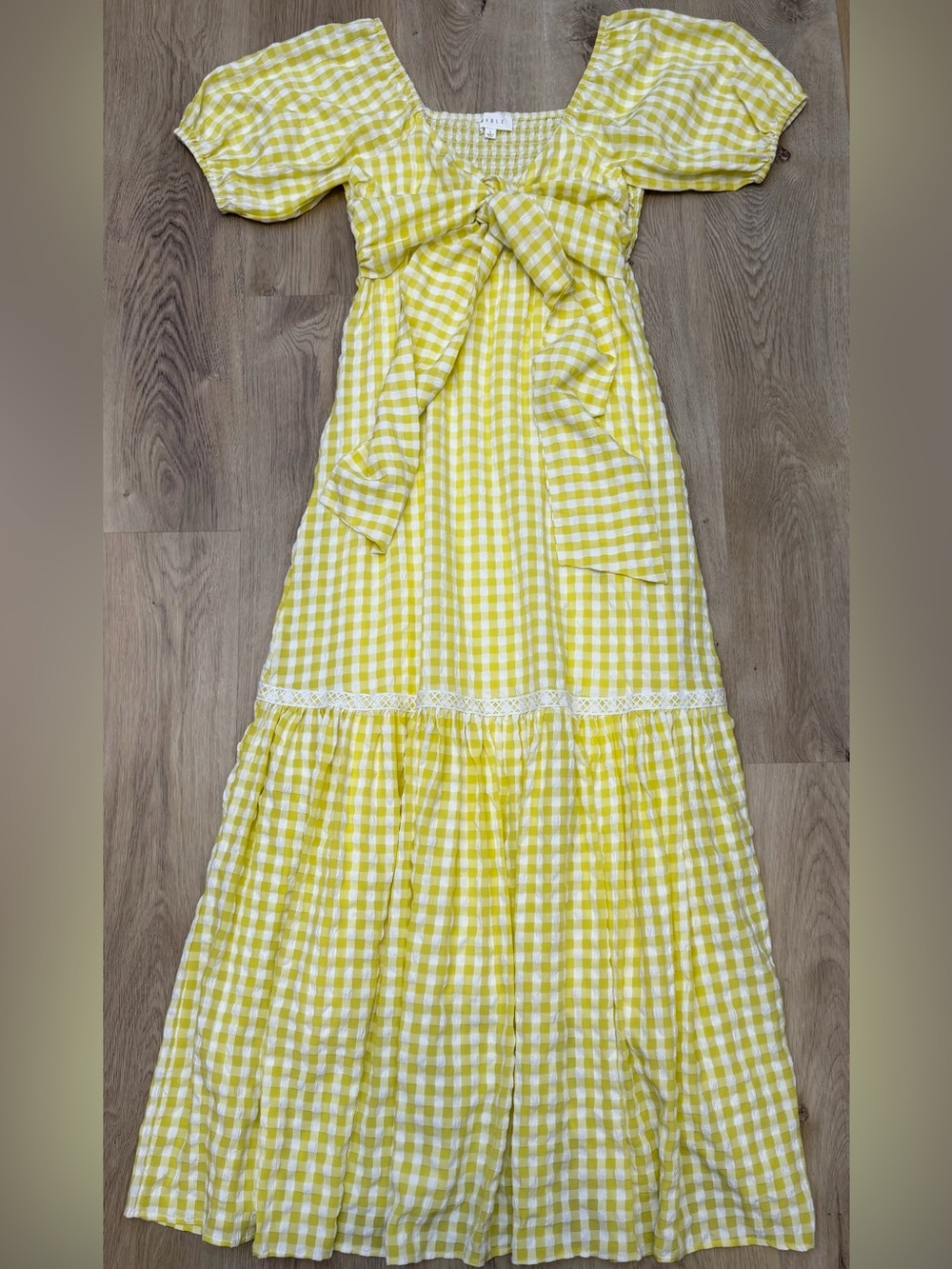 Yellow Gingham Tie-Front Maxi Dress with Puff Sleeves by Mable - Picture 5 of 10